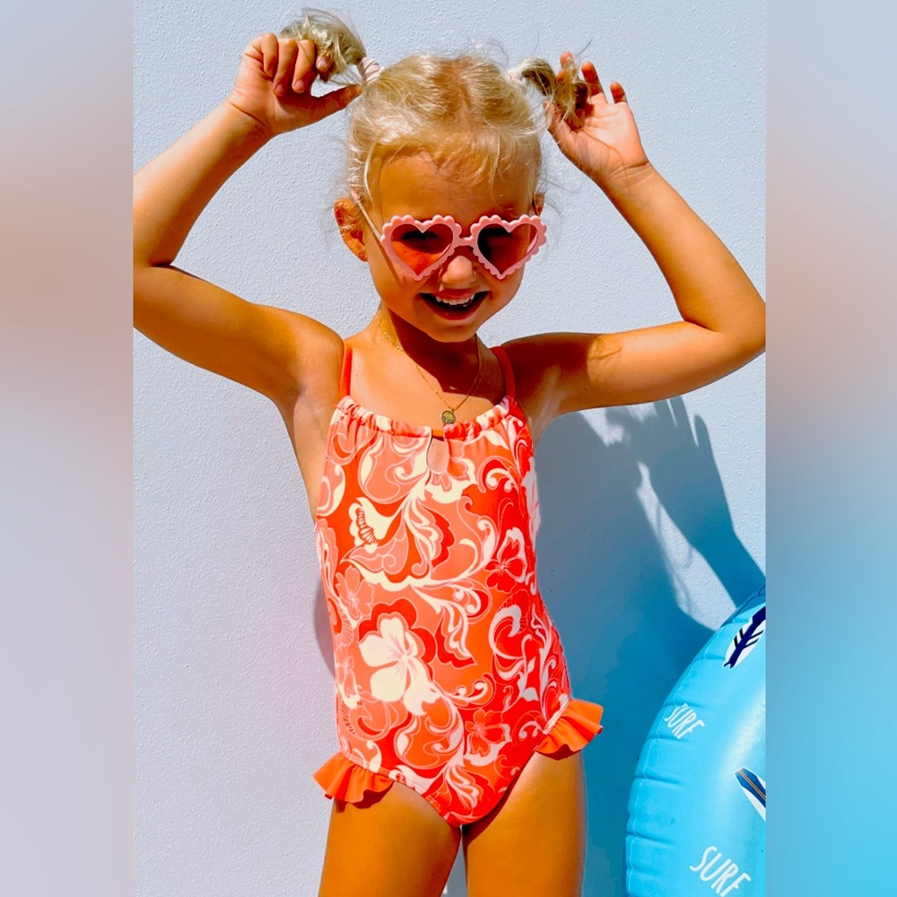 Girls Romantic Petals High Neck Cutout Ruffled One Piece Swimsuit size 4